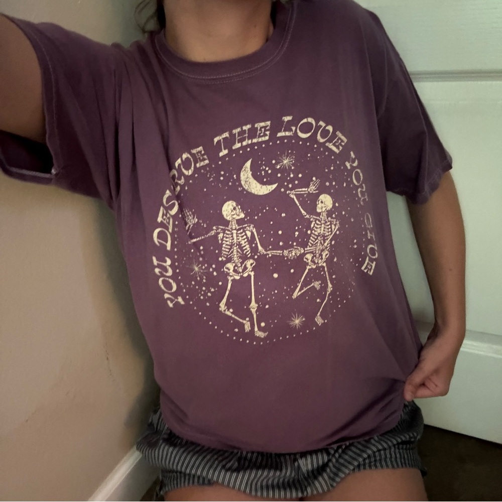 Purple Graphic Tee with Skeleton Design